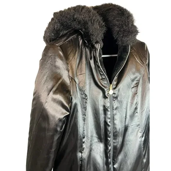 Susan Graver Black Reversible Coat Jacket Faux Fur Satin Hood S Small - Picture 4 of 13